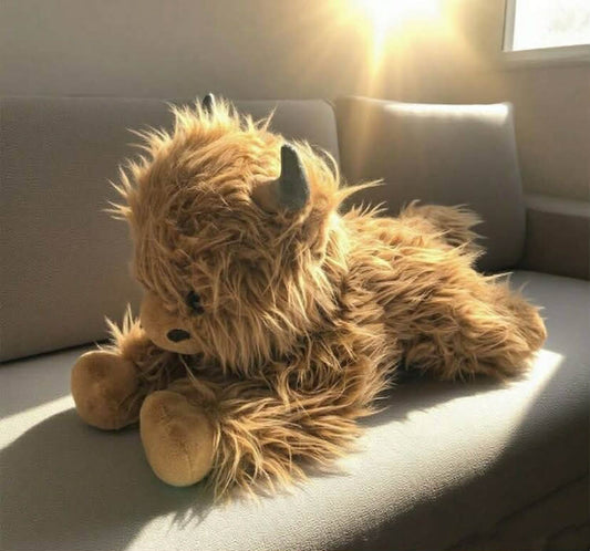 Large Plush Scottish Highland Cow Doll - Realistic Fluffy Calf Design, Soft Stuffed, Comfortable Bedtime Companion