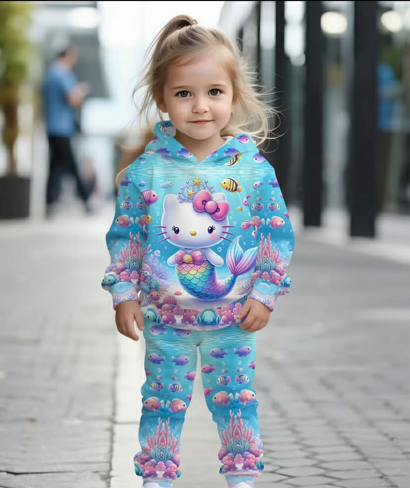 2pcs Sanrio Girls' Set with Hello Kitty Mermaid- Themed Digital Print. Includes long-sleeve hoodie and sweatpants.
