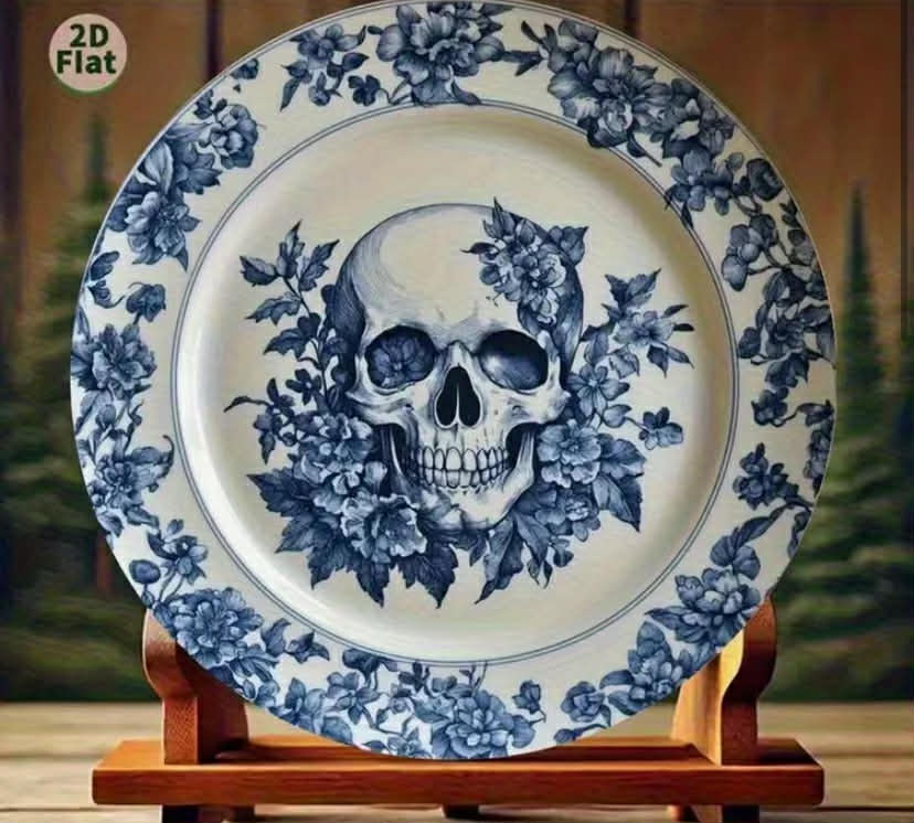 Flat Skull And Floral Pattern Plate  Aluminum White Plate With Blue Floral Design, Mexican Sugar Skull Decoration,
