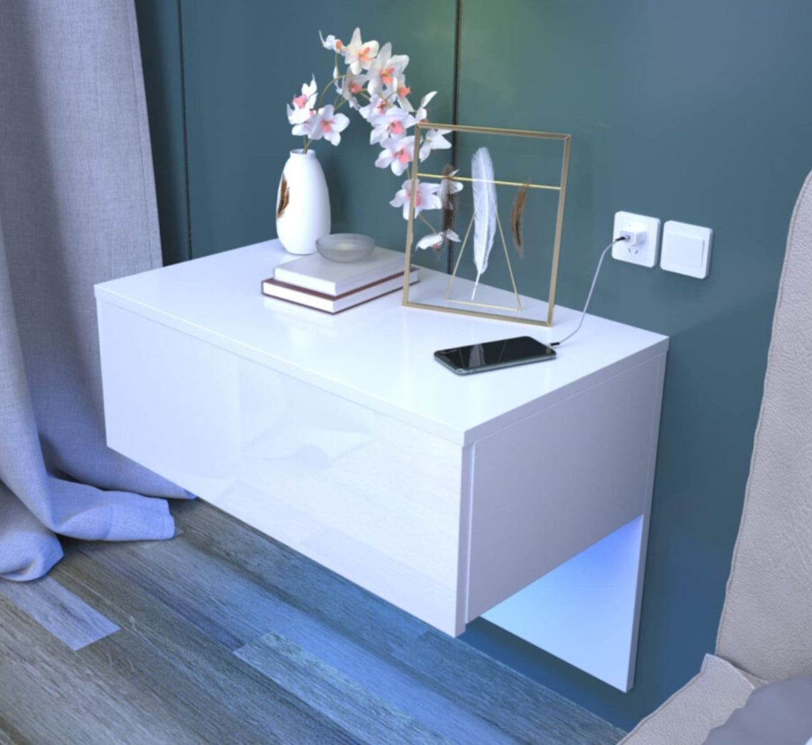 Floating Bedside Table with RGB Light High Gloss White Wall-Mounted