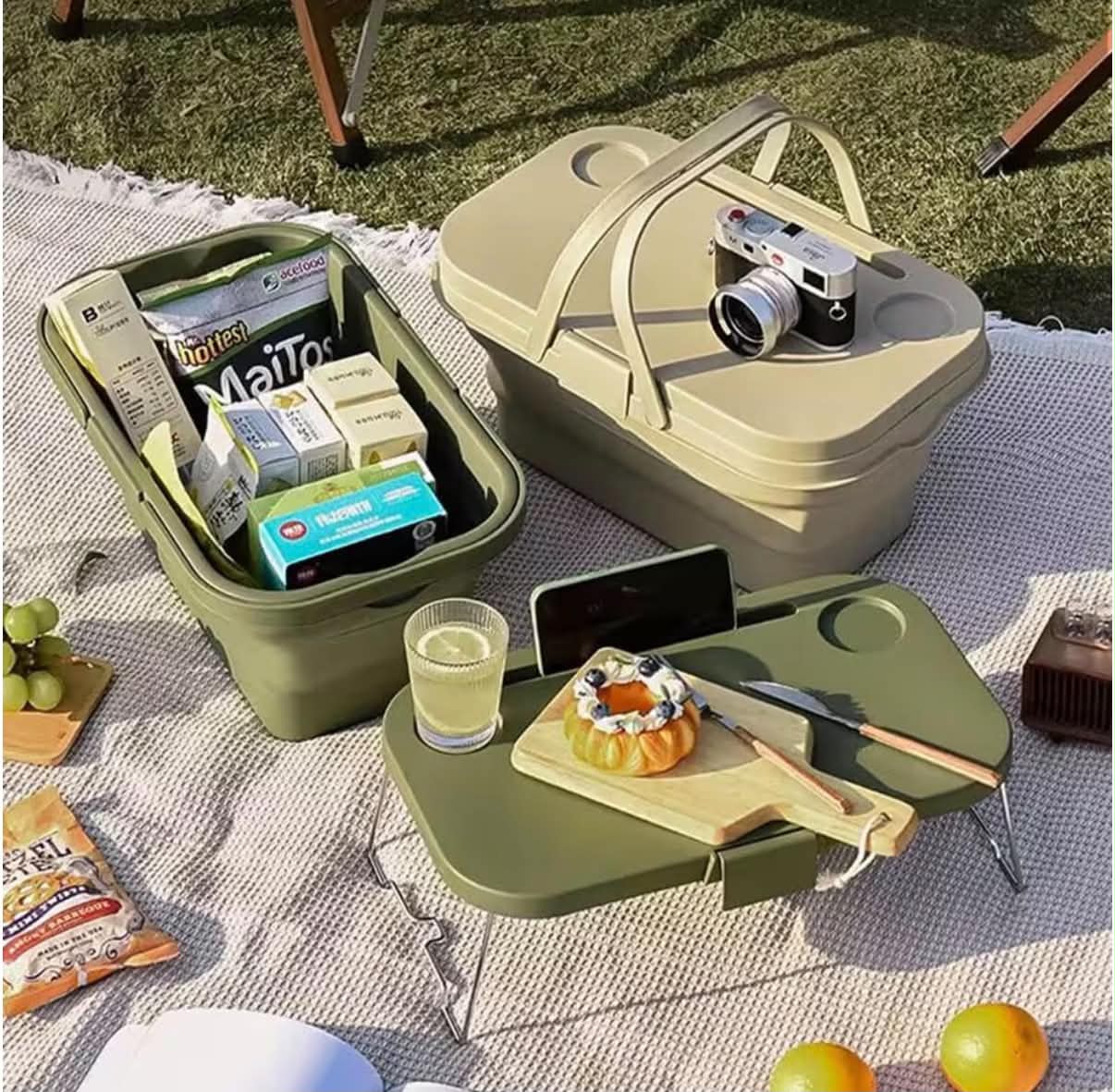 PicnicPro 2-in-1 Foldable Basket & Table – Lightweight Collapsible Portable Storage Organizer, Fold Flat Design with Carrying Handle for Picnic Beach Camping Outdoor & Home Storage