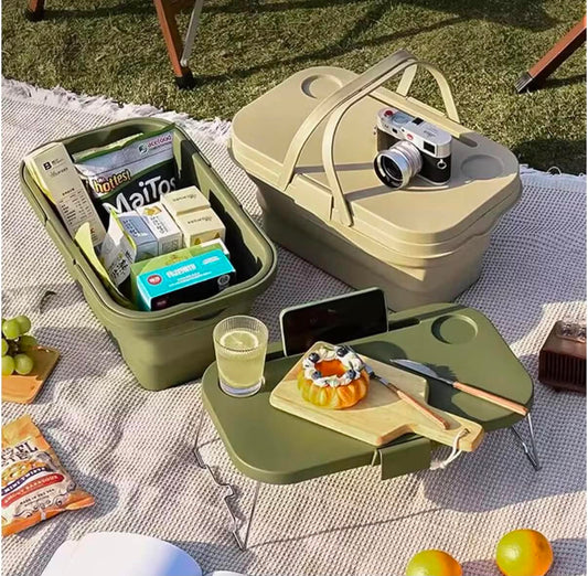 PicnicPro 2-in-1 Foldable Basket & Table – Lightweight Collapsible Portable Storage Organizer, Fold Flat Design with Carrying Handle for Picnic Beach Camping Outdoor & Home Storage