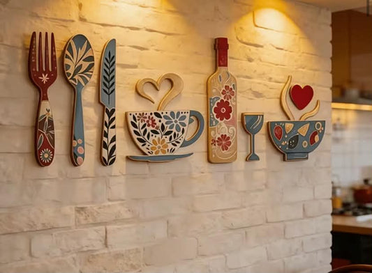 7 pcs Creative Wooden Wall Decor Set, Fork, Cup And Wine Glass Designs –