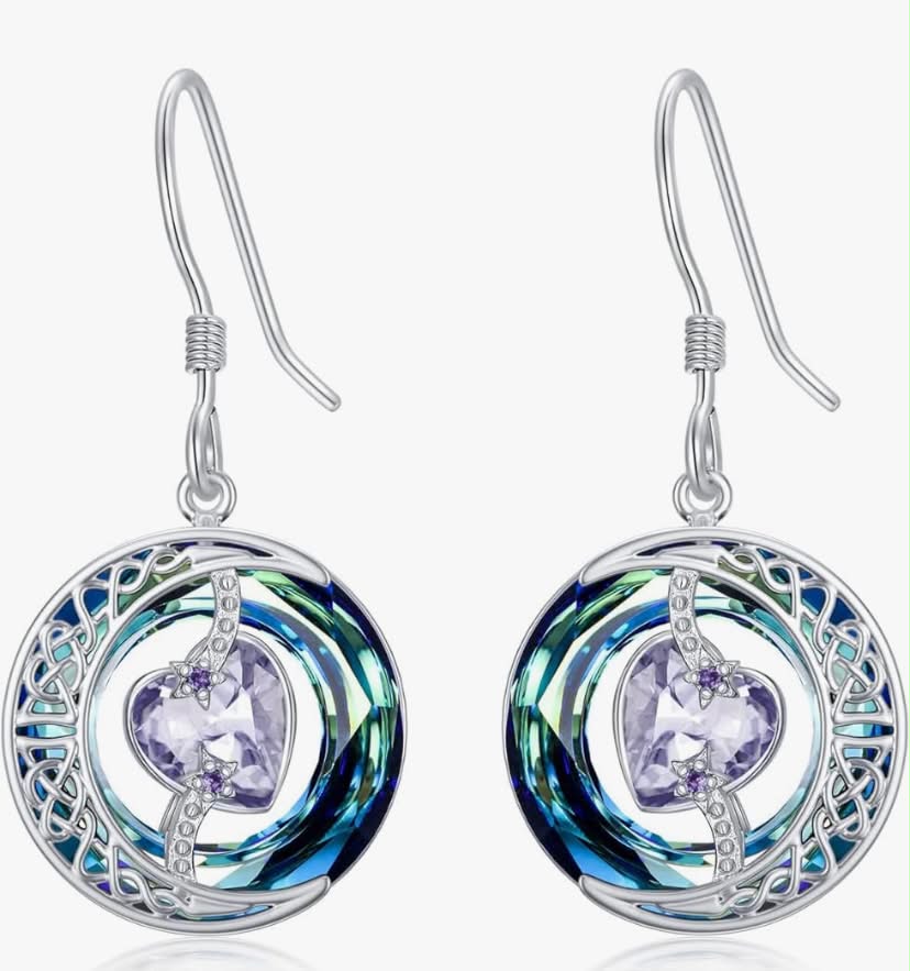 Birthstone Earrings for Women Sterling Silver Moon Star Earrings with Blue Crystal