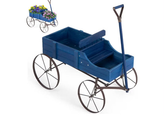 Wooden Wagon Garden Planter, Flower Cart with Long Handle and Flexible Wheels, Outdoor & Indoor Decorative Wheelbarrow Flower Pot Stand