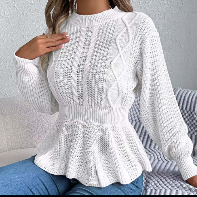 Color Twist Waist Ruffled Long Sve Pullover Sweater
