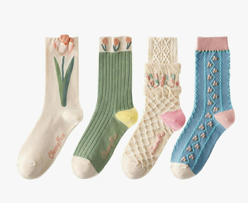 4 Pairs Cute Ladies Slouch Frilly Socks - Womens Vintage Embroidered Floral Patterned Cotton Pop Crew Socks