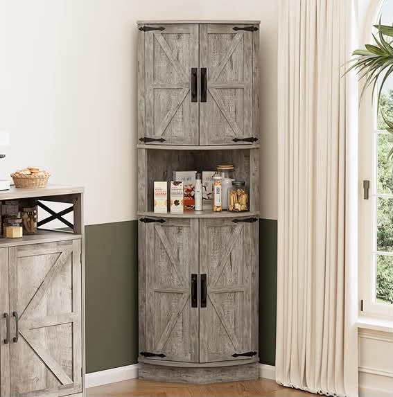 Tall Corner Storage Cabinet with Barn Doors, 5-Tier Tall Cupboards Cabinet for Living Room, 4 Wooden Doors and 5 Shelves, Space Saving Freestanding Sideboard for Home, Kitchen