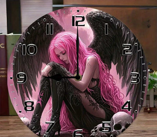 Round Silent Wall Clock with a Gothic Fallen Angel Design,