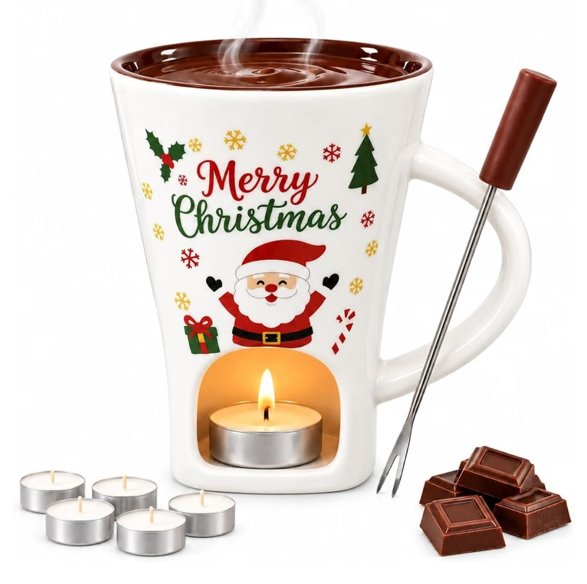 Chocolate Fondue Mug, Christmas Chocolate Melting Cup with Forks & 6 Candles, Air Circulation Personal Cheese & Butter Melting Cup with Tea Light