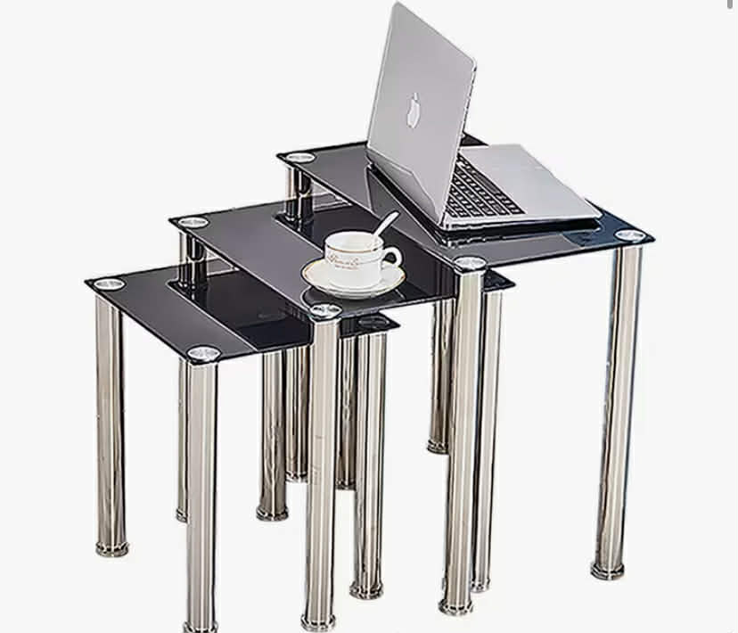 Glass Nest of Tables Set of 3 with Chrome Leg for Living Room Bedroom, Rectangular Nest Coffee Set Sofa Side Table End Table for Small Narrow Corner Space