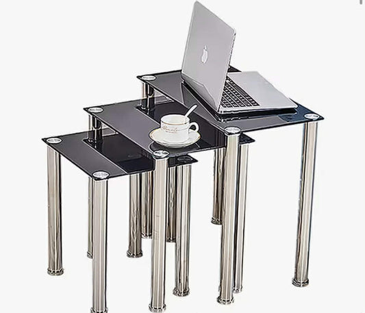 Glass Nest of Tables Set of 3 with Chrome Leg for Living Room Bedroom, Rectangular Nest Coffee Set Sofa Side Table End Table for Small Narrow Corner Space