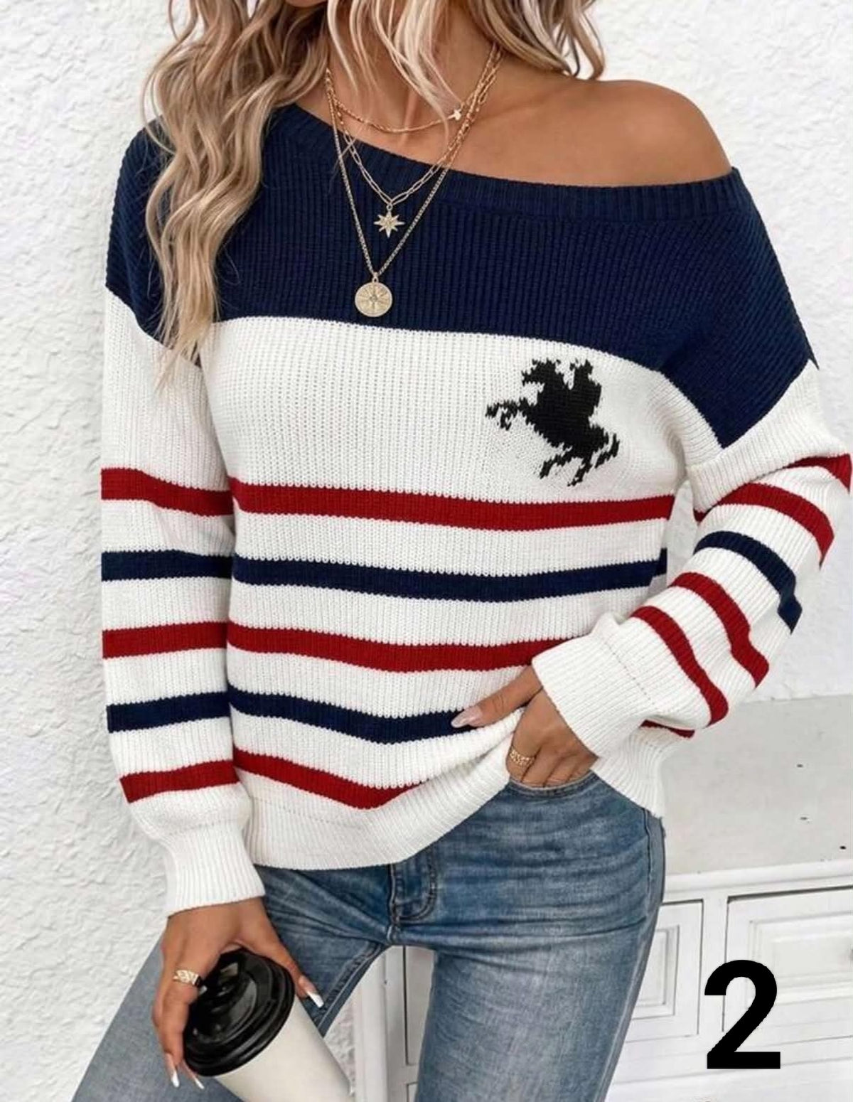Women Leopard & Striped Patchwork Off-Shoulder Fashionable Versatile Long Sleeve Sweater, Suitable For  Spring, Fall