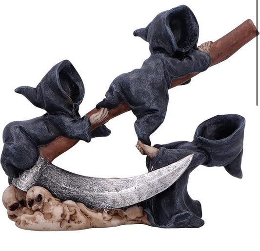 Mischievous Reapers 3 Baby Reapers on Scythe Figurine, 15.5cm, Resin, Cast in the Finest Resin, Expertly Hand-Painted, White/Brown