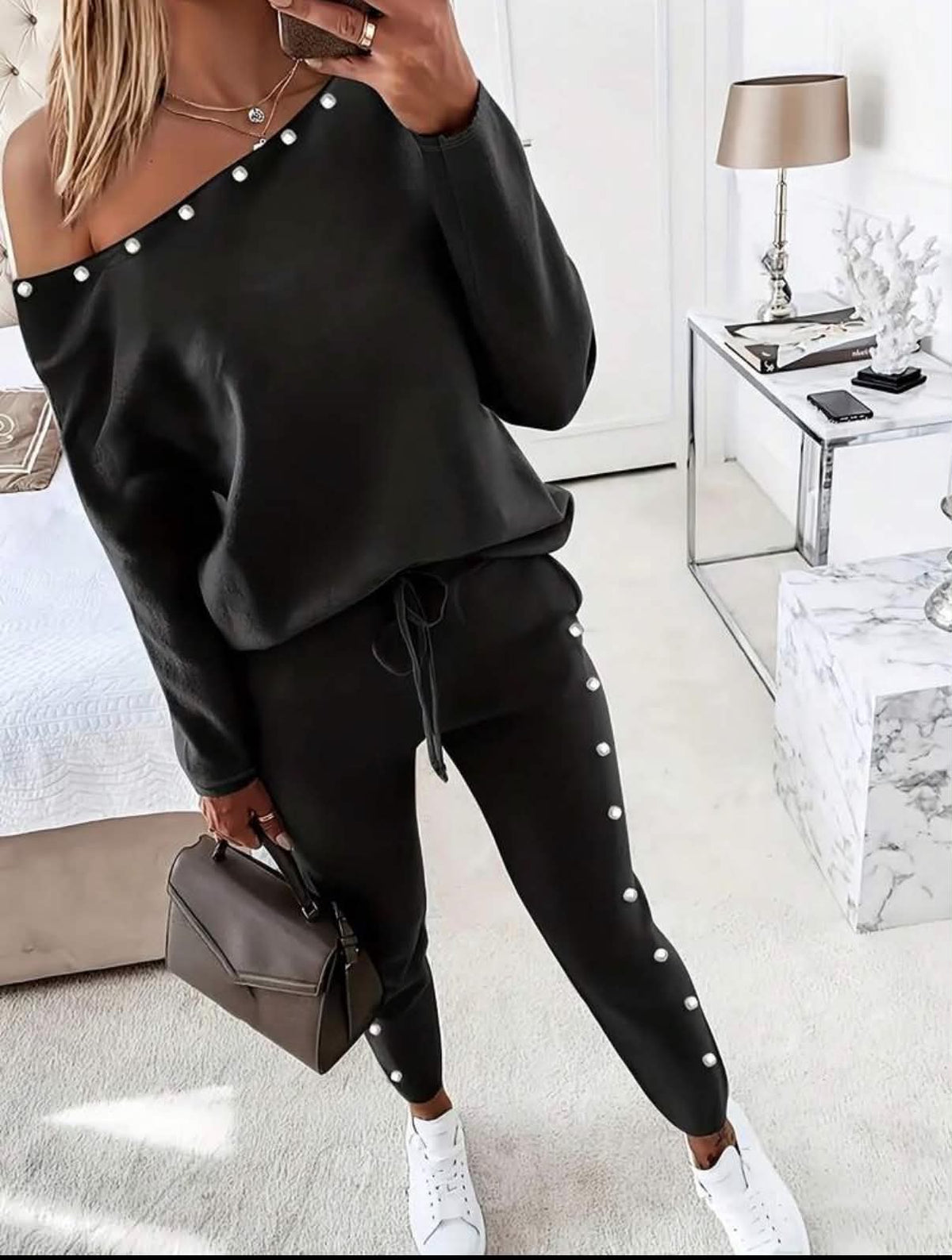 2pcs Women's Chic Casual Solid Color Long Sleeve Top And Pants Set Elegant