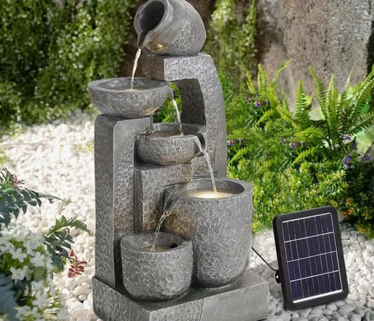 Solar Garden Water Feature Outdoor Solar Power Cascading Bowls Fountain with LED Light, Resin Stone Bowl Rockery Water Fountain Outdoor Garden Statues Decor Ornaments,                  22x17x45cm