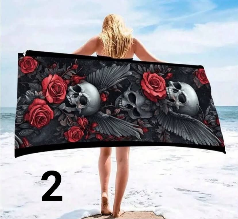 1 pc Vintage Gothic Skull Rose Print Beach Towel, Quick-Dry & Anti-Sand Lightweight, Machine Washable