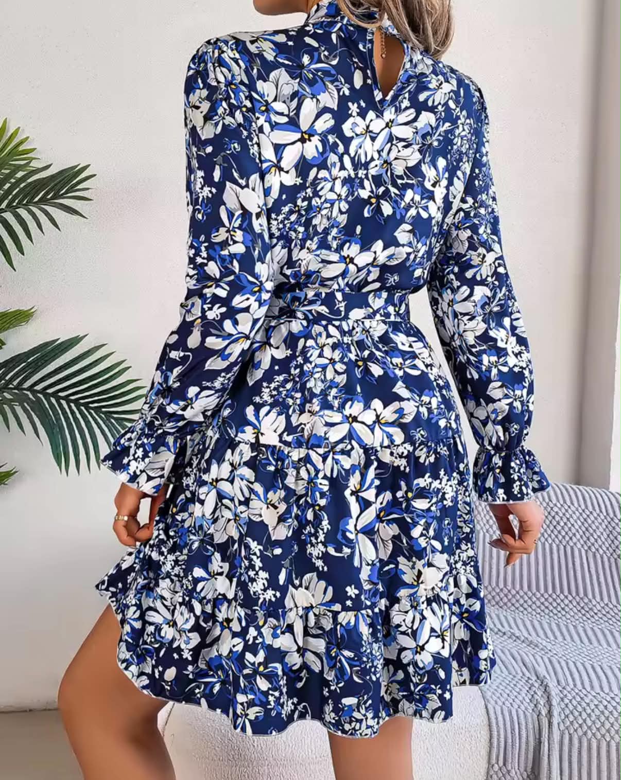 Elegant Mock Neck Belted Ruffle Hem