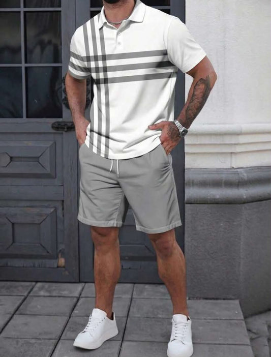 Men's Striped Print Short Sleeve Polo Shirt And Shorts Set