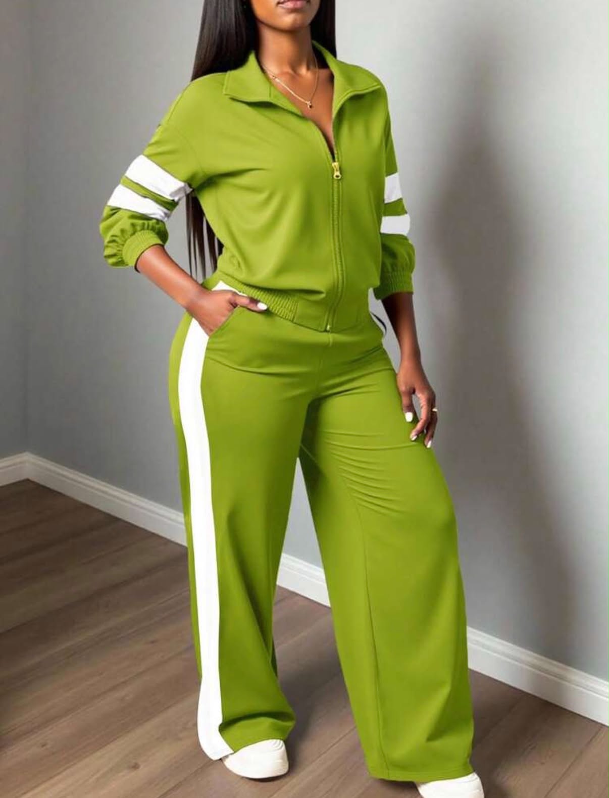 Two Pieces Set, Women Casual Sports Street Wear Stand Collar Zip-Up Long Sleeve Sweatshirt And Straight Leg Pants