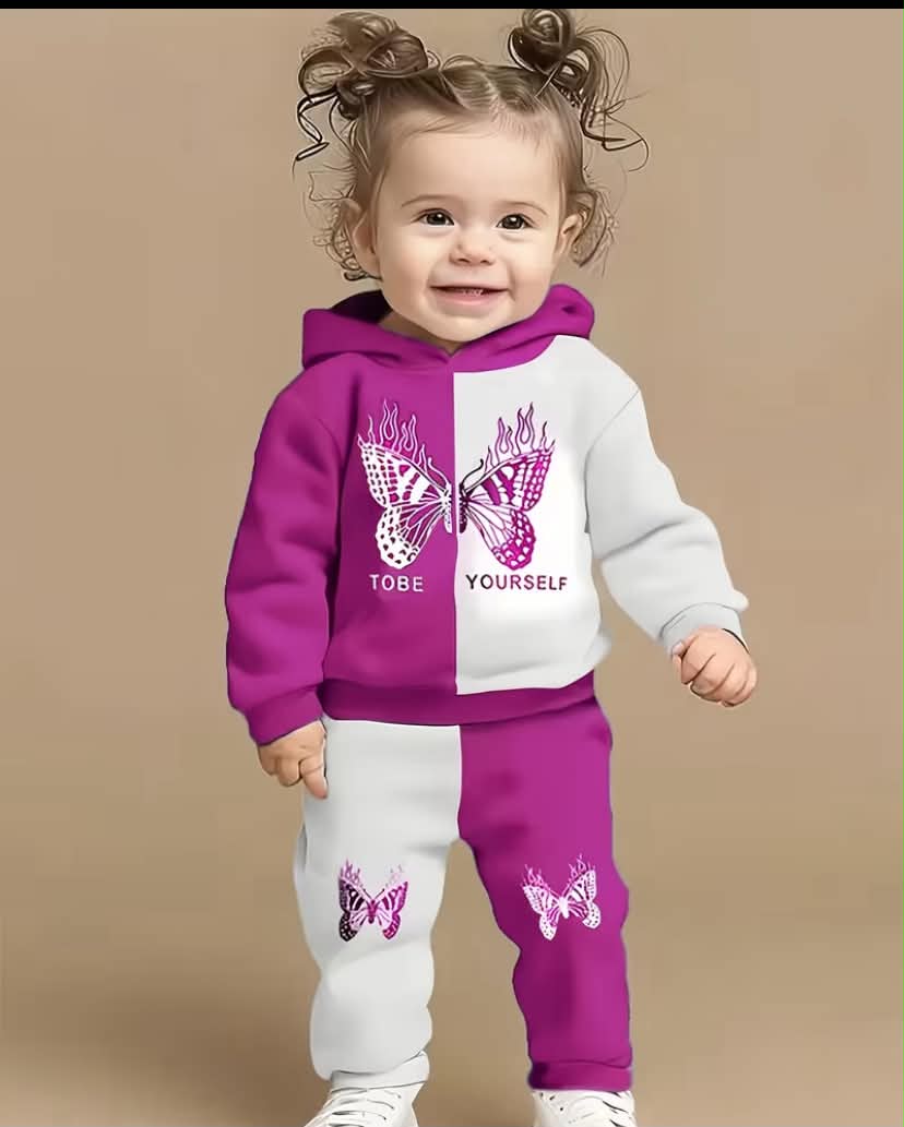 Baby Girl Fleece Hooded Cute Butterfly Color Block Hooded Sweatshirt + Sweatpants Two-Piece Set Targeted Development, for Outdoor
