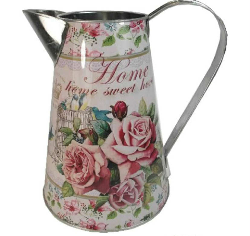 Large Jug Artificial Flower Vase Bluebird Pink Rose Butterfly Design Metal Decal Style 22cm