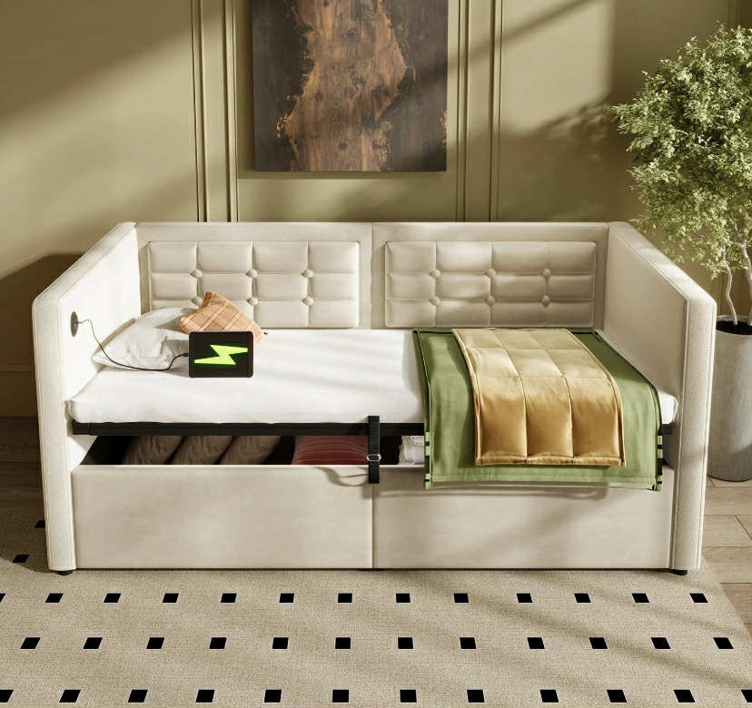 Daybed Upholstered Bed 3ft Single Sofa Bed with Storage, Velvet Beige, 90x190 cm