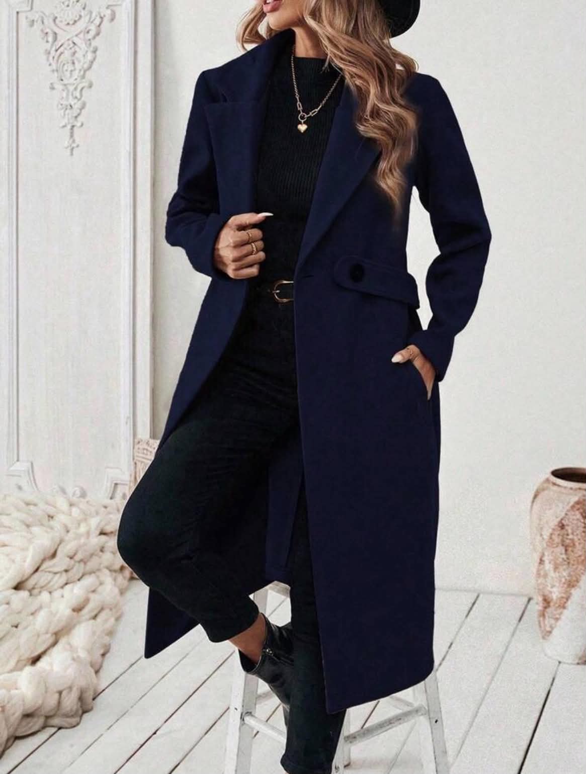 Plus Size Women's Elegant Formal Evening, Office Dark Wash Autumn Lapel Cinched Waist Button Pocket Mid-Length Coat, Classic Minimalist Long Jacket