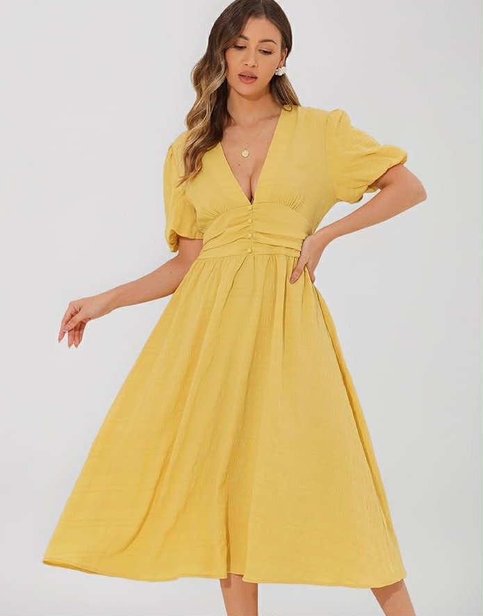 Allegra K Women's V-Neck Dress Short Sleeve Casual Elastic Waist Solid Elegant Maxi A-Line Dresses