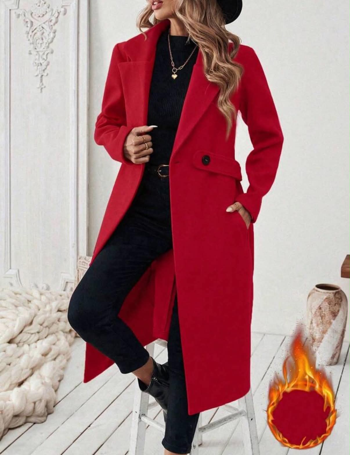Plus Size Women's Elegant Formal Evening, Office Dark Wash Autumn Lapel Cinched Waist Button Pocket Mid-Length Coat, Classic Minimalist Long Jacket