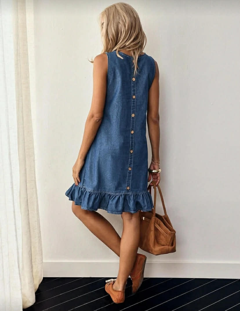 EMERY ROSE Button Back Ruffle Hem Denim Dress