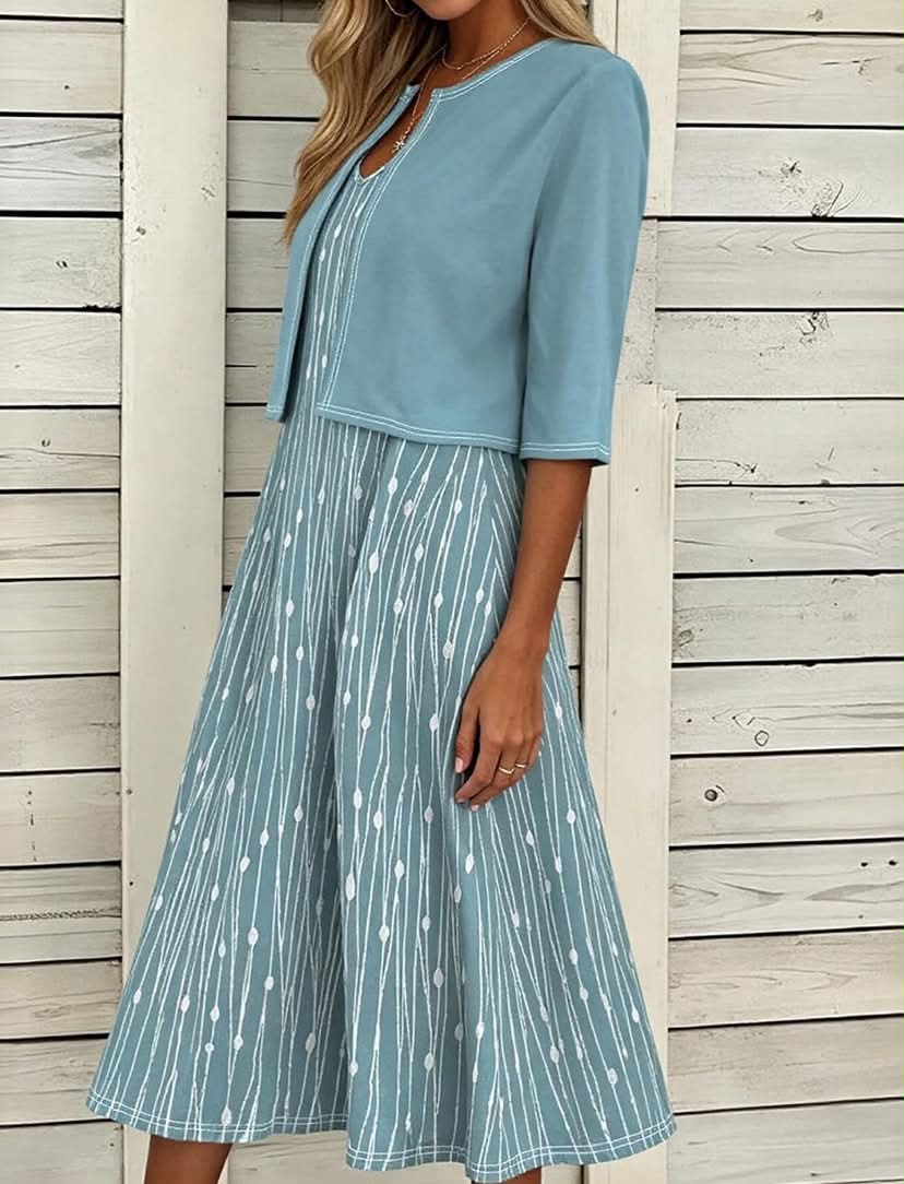 Women’s 2 Piece Dress Set Cropped Jacket and Flared Skirt Striped Print Light Green