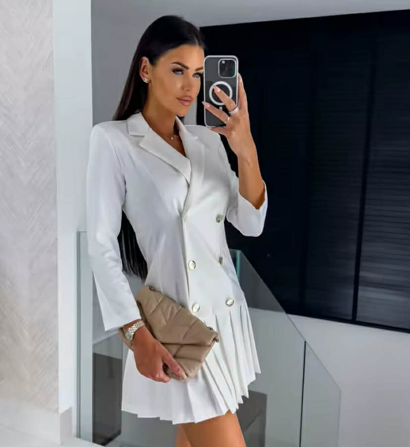Women Fall Fashion Pleated Blazer Dress Double Breasted Long Sleeve Lapel Mini Suit Dress