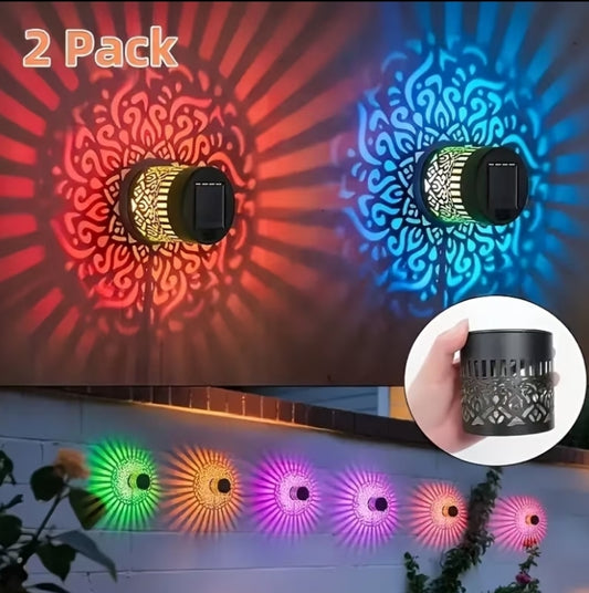2-Pack Outdoor Solar Wall Lights, Color - Changing Mysterious Mandala Metal Hollow Exterior Wall Lamps,