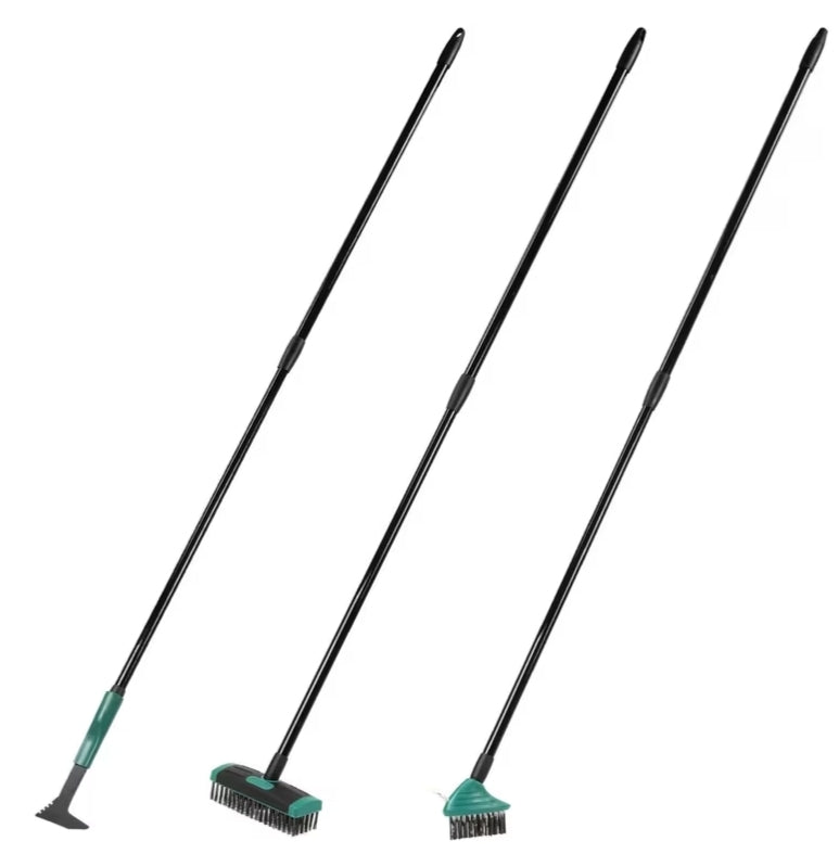 Taylor & Brown 4 in 1 Telescopic Weed Remover Brush Wire Head Paving Decking Clean Scrub Moss Weed Remover Tool Wire Brush Scraper Set with Metal Broom & Weed Removal Head Green