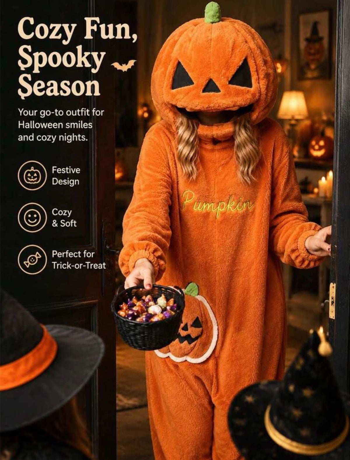 Adult Halloween Hooded Bathrobe, Fun Pumpkin