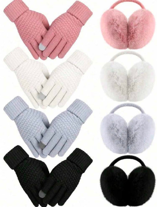 2pcs Winter Earmuffs And Gloves Set, Including 1 Foldable Warm Earmuffs For Women And 1 Fluffy Faux Fur Headband, Perfect For Winter Use