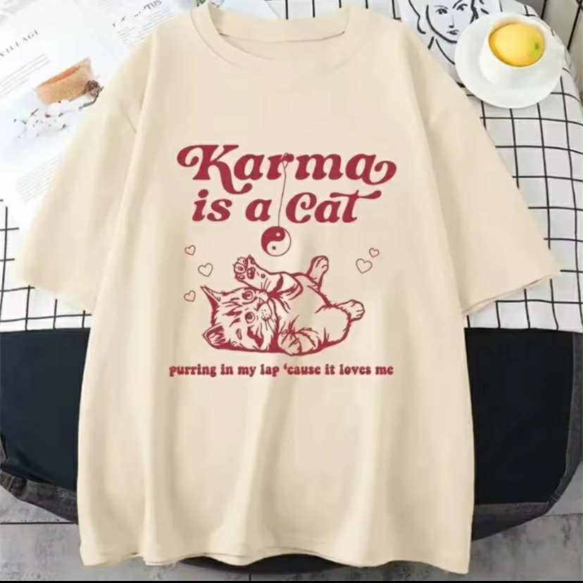 Karma Is A Cat top women crew neck soft fabric elegant T-shirt