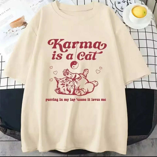 Karma Is A Cat top women crew neck soft fabric elegant T-shirt