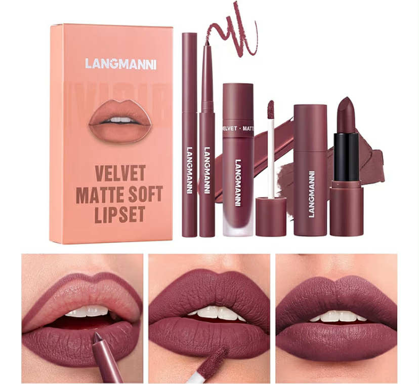 3PCS Matte Liquid Lipstick Lip Gloss & Liner Set - All-IN-One Lip Kit, Velvety Nude Color, Waterproof Make Up Set