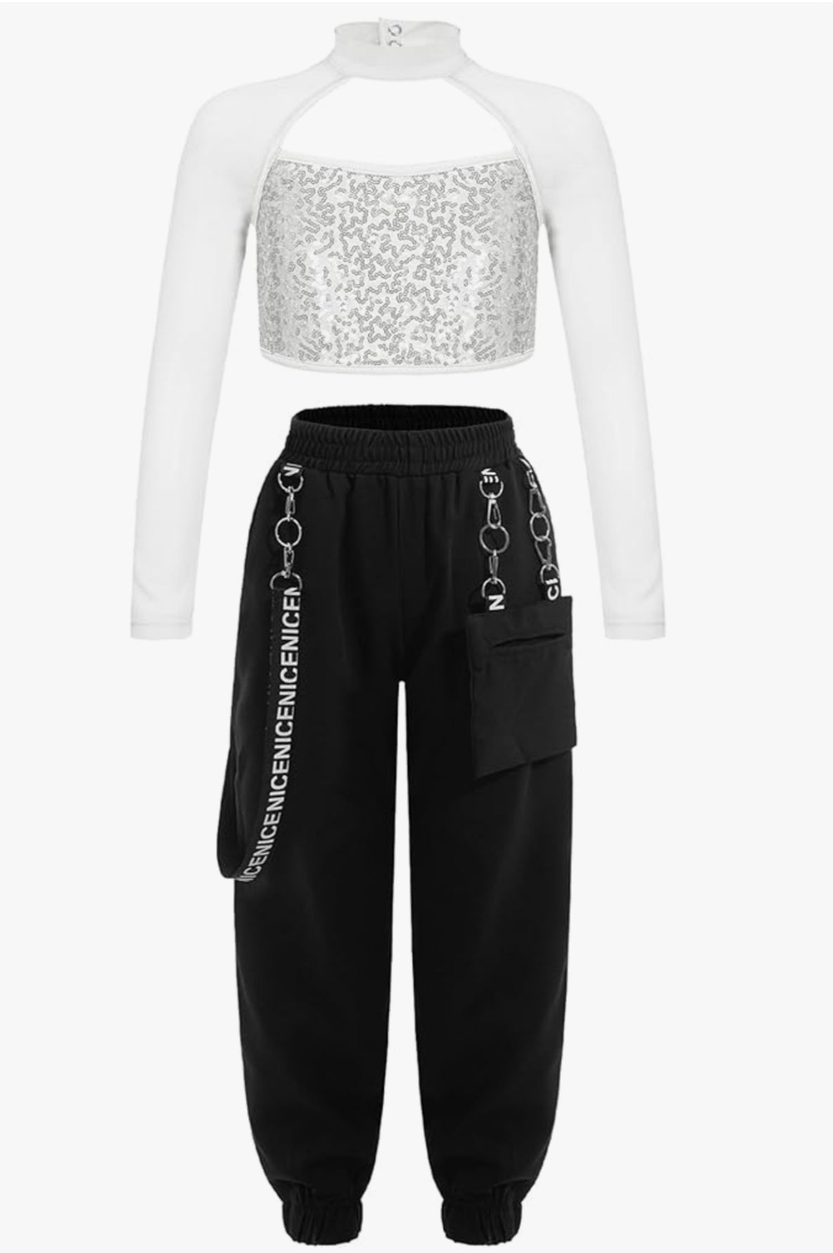 Kids Hip Hop Dance Clothes Girls Street Dance Outfits Mesh Sleeves Sequins Crop Tops and Jogger Pants Set