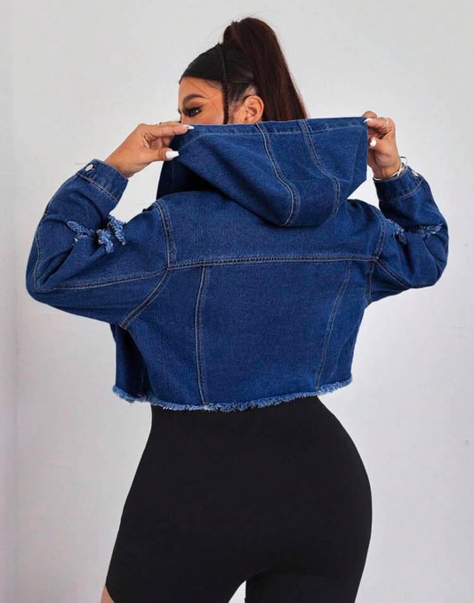 Winter Plus Size Women Casual Distressed Denim Hooded Short Jacket