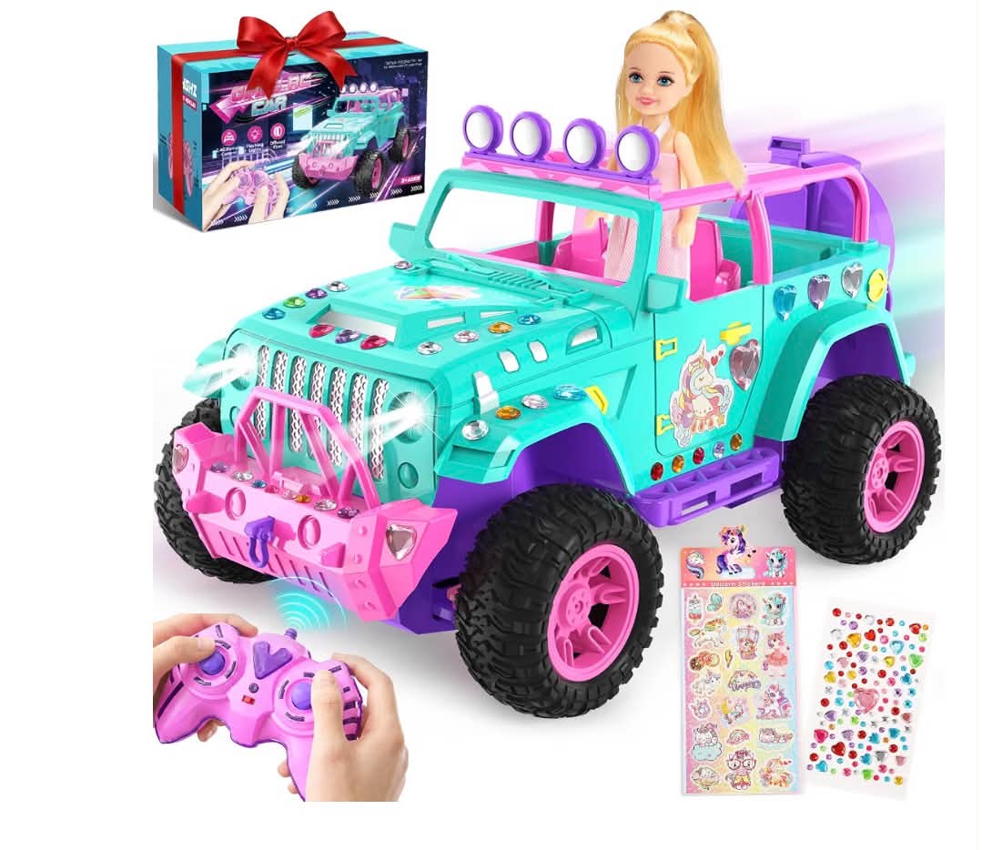 HappyGoLucky Remote Control Car for Girls, Pink RC Car with Doll, Toys for 3 4 5 6 7 8 9 10 Year Old Girls Gifts RC Jeep SUV Gifts Presents