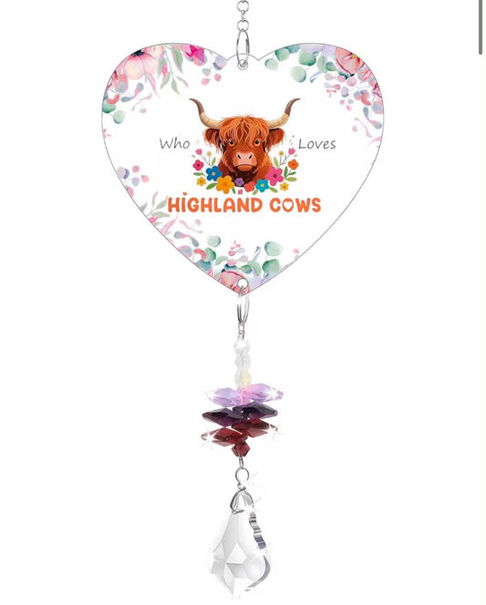 Highland Cow Sun Catcher, Acrylic Heart Pendant, Cute Highland Cow Gifts,