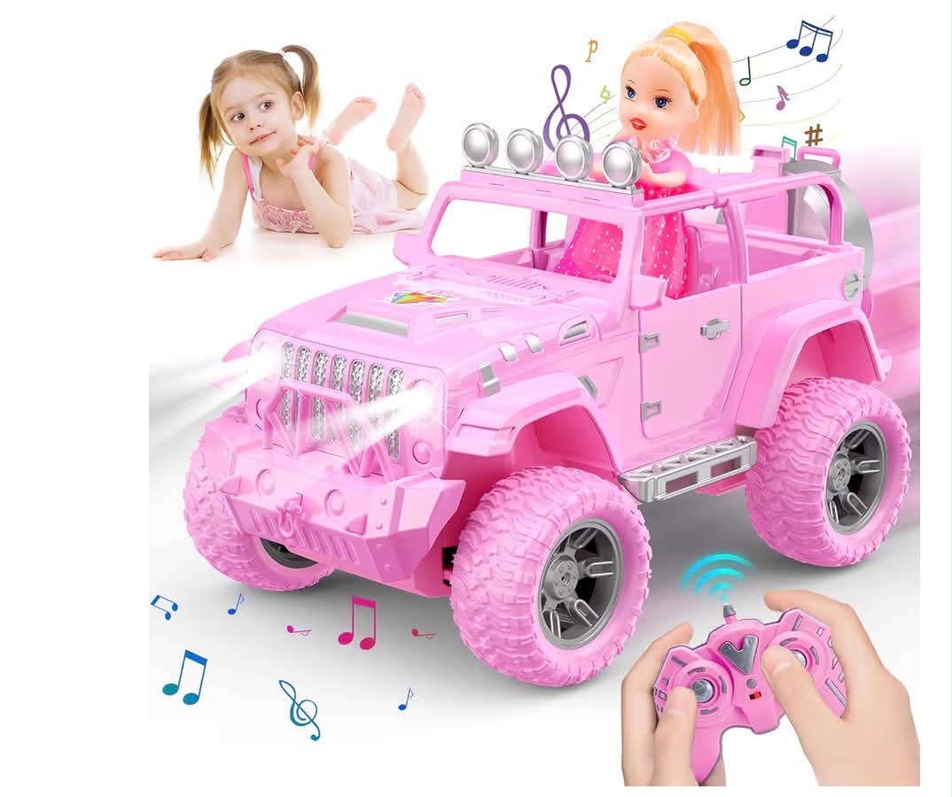HappyGoLucky Remote Control Car for Girls, Pink RC Car with Doll, Toys for 3 4 5 6 7 8 9 10 Year Old Girls Gifts RC Jeep SUV Gifts Presents