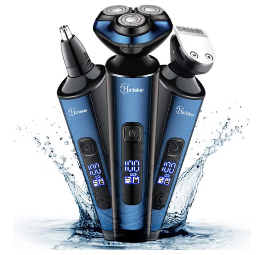 Hatteker Mens Electric Shavers Razor Beard Trimmer Rotary Facial Head Shaver for Men Sideburn Trimmer Wet Dry IPX7 Waterproof Rechargeable Cordless 3 in 1