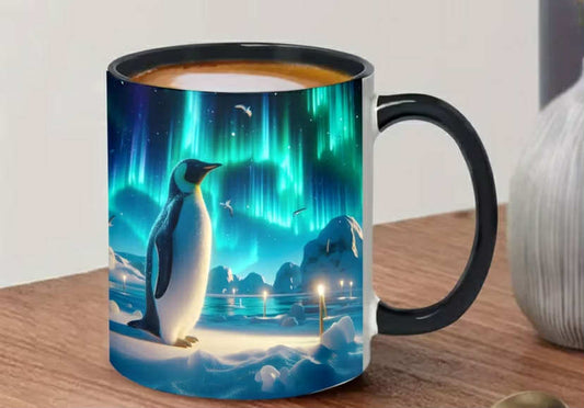 An 11-Ounce Ceramic Coffee Mug Designed with Penguins And The Northern Lights,