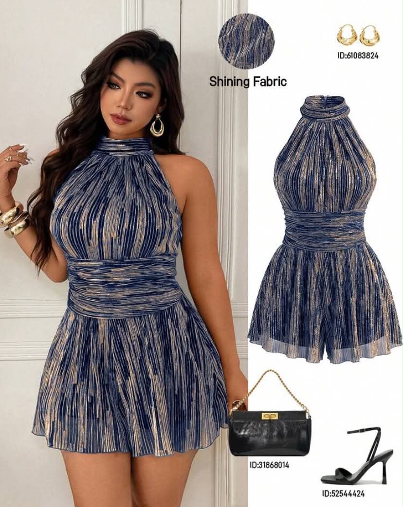 Femmeverse Plus Size Women's Fashion Sexy Halter Pleated Satin Fabric A-Line Romper