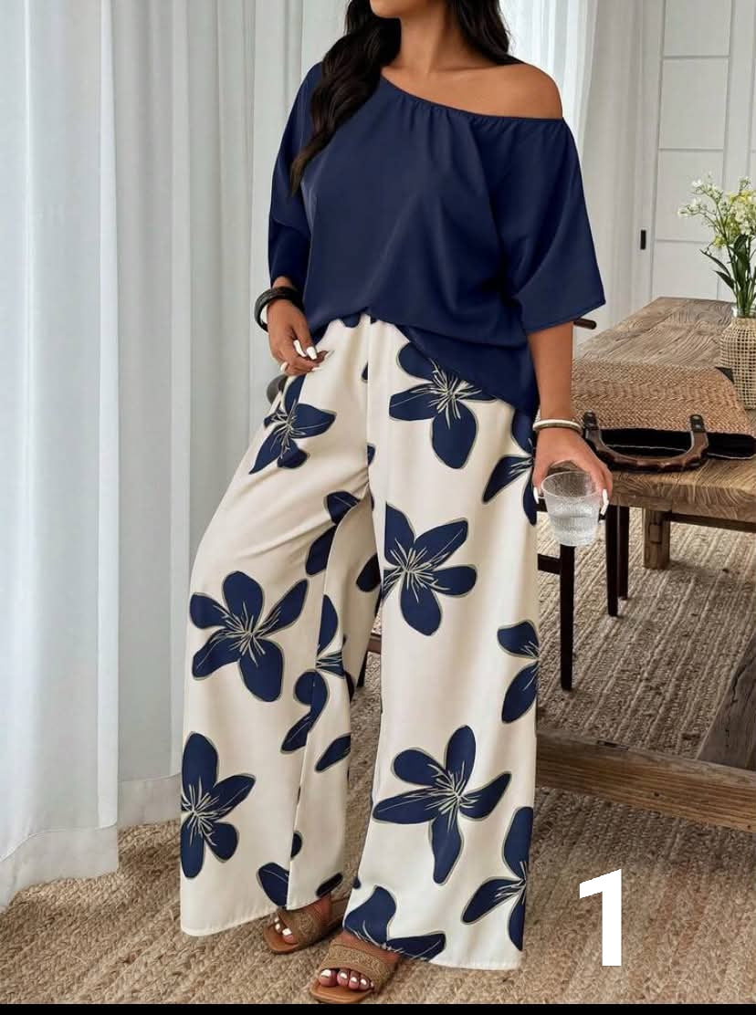 Random Print Casual Holiday Vibe Plus Size 2 Pieces Set