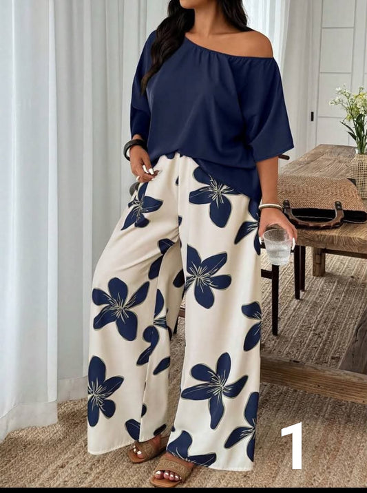 Random Print Casual Holiday Vibe Plus Size 2 Pieces Set